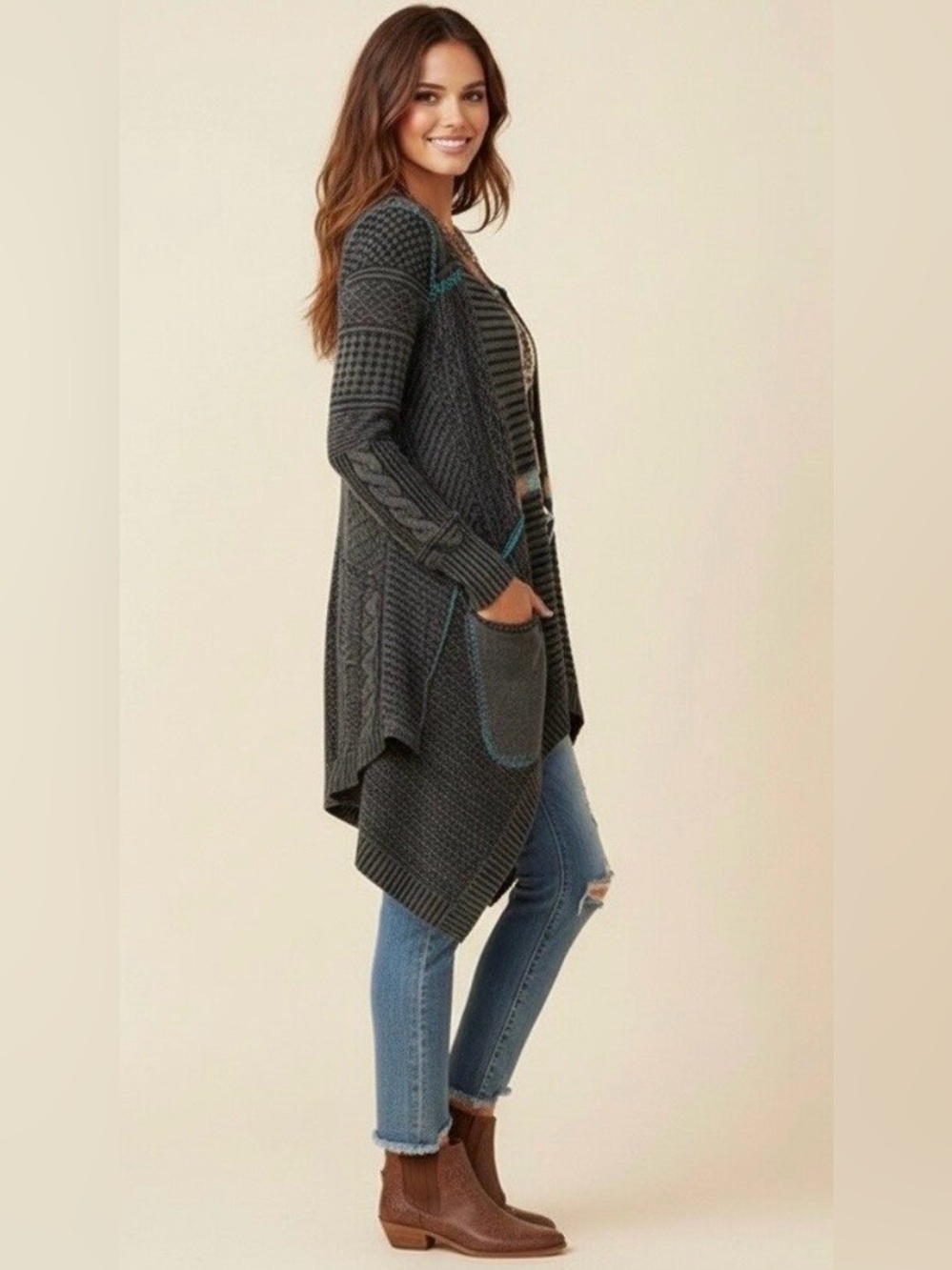 Free People Mixed Knit Waterfall Cardigan
Open Sweater, Tie Waist, Blue Gray, XS - Picture 7 of 16